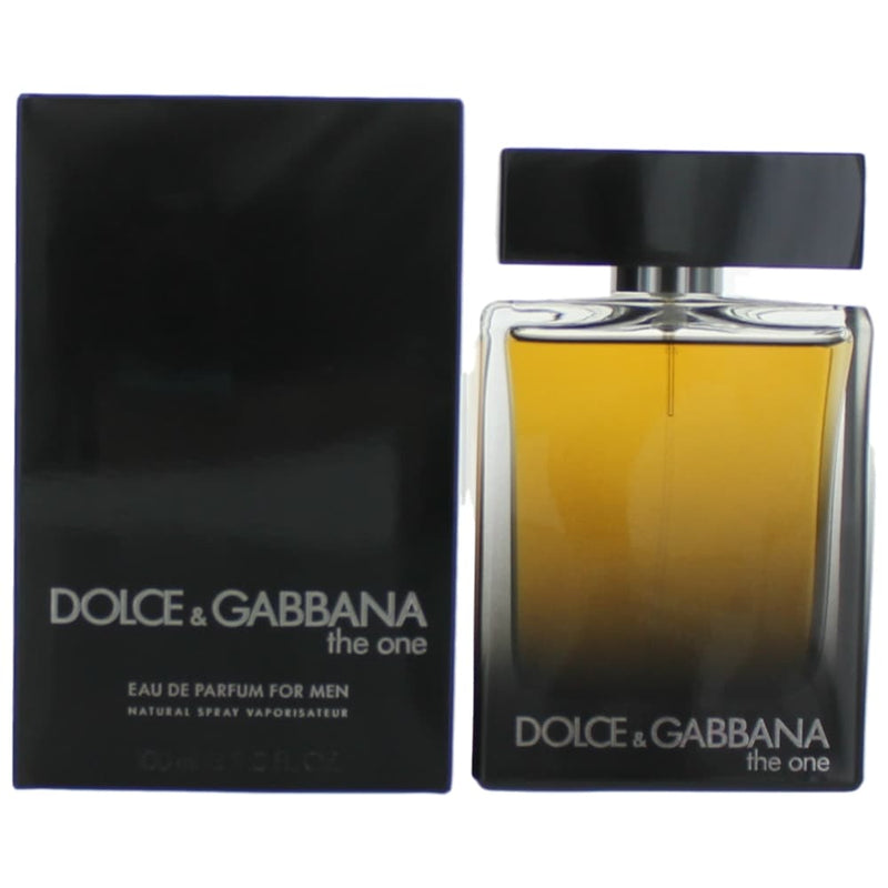 Dolce & Gabbana The One 3.3 oz men's EDP spray bottle with sleek black packaging and elegant design.
