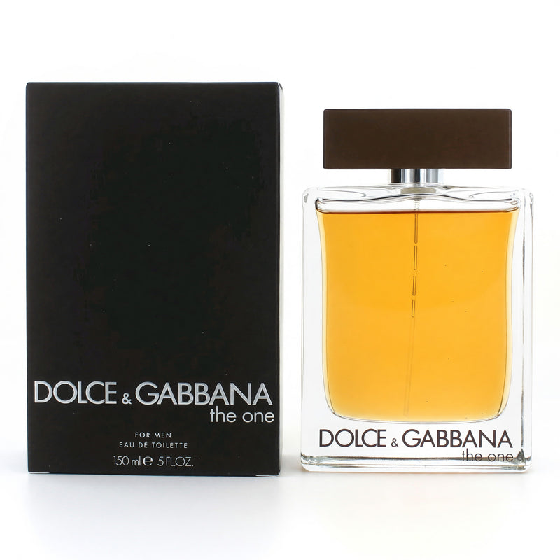 Dolce & Gabbana The One men's 5 oz EDT spray bottle with sleek packaging, showcasing the fragrance design.
