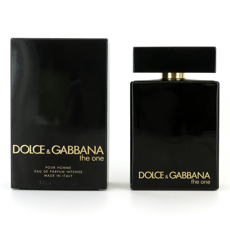 Dolce & Gabbana The One men's 3.3 oz EDP Intense Spray bottle, elegant packaging for a luxurious fragrance.