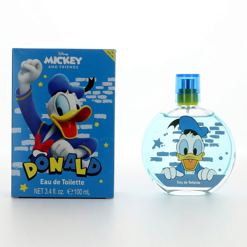 Disney Donald Duck 3.4 oz EDT spray for kids, featuring a colorful Donald Duck bottle with playful Disney character design.