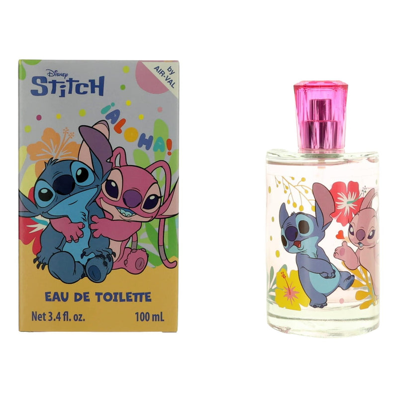 Air-Val International Stitch & Angel kids EDT spray bottle, 3.4 oz, with colorful packaging featuring cartoon characters.