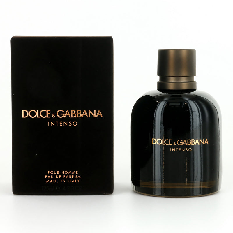 Dolce & Gabbana Pour Homme Intenso 4.2oz men's EDP spray bottle with sleek packaging and elegant design.