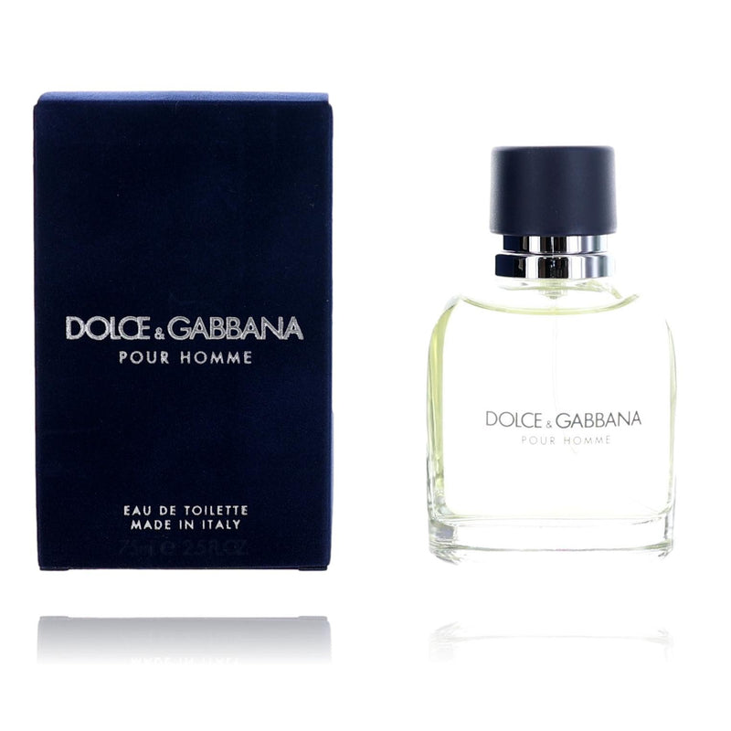 Dolce & Gabbana 2.5 oz men's EDT spray bottle with sleek packaging and logo visible.