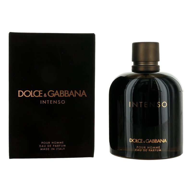 Dolce & Gabbana Pour Homme Intenso 6.7oz men's Eau de Parfum spray bottle with sleek design and black cap.