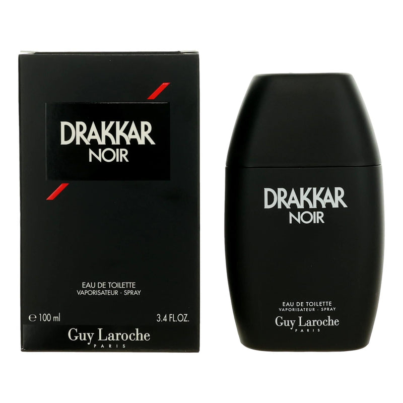 Guy Laroche Drakkar Noir 3.4 oz men's EDT spray bottle, sleek design and dark packaging, fragrance for men.