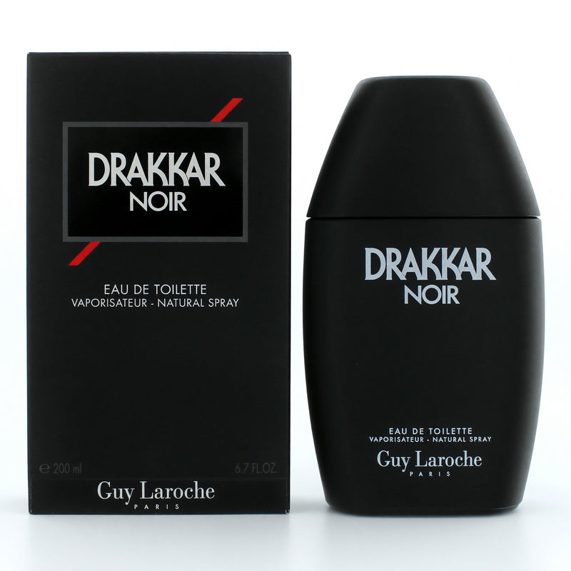 Drakkar Noir by Guy Laroche 6.7 oz men's EDT spray bottle with sleek black packaging and silver accents.