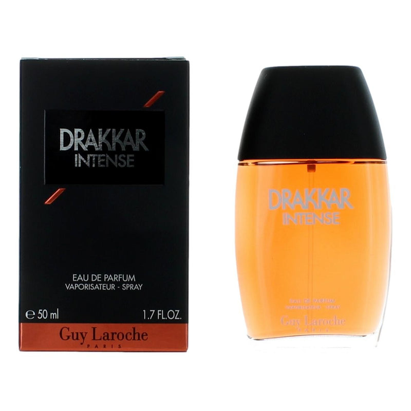Guy Laroche Drakkar Intense 1.7 oz men's EDP spray bottle with sleek black packaging and silver accents.