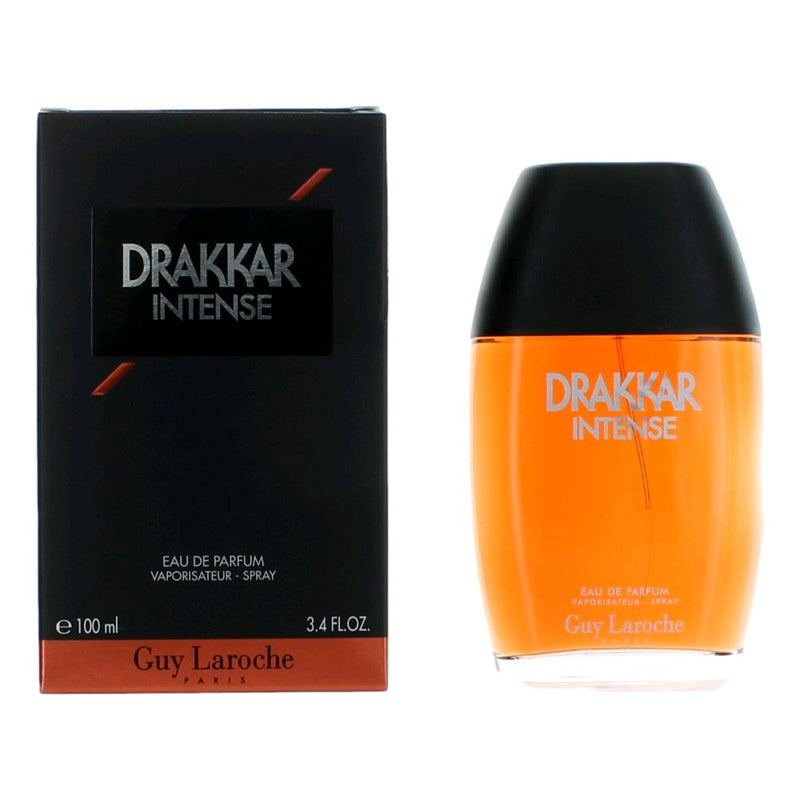 Guy Laroche Drakkar Intense 3.4 oz men's EDP spray bottle, featuring sleek packaging and a modern fragrance design