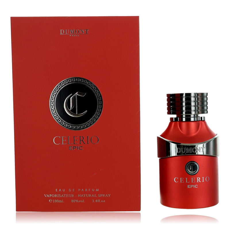 Dumont Celerio Epic men's 3.4 oz EDP spray bottle with sleek design, showcasing the fragrance for men.
