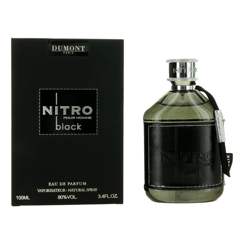 Dumont Nitro Black men's 3.4 oz EDP spray bottle with sleek black packaging and silver accents.