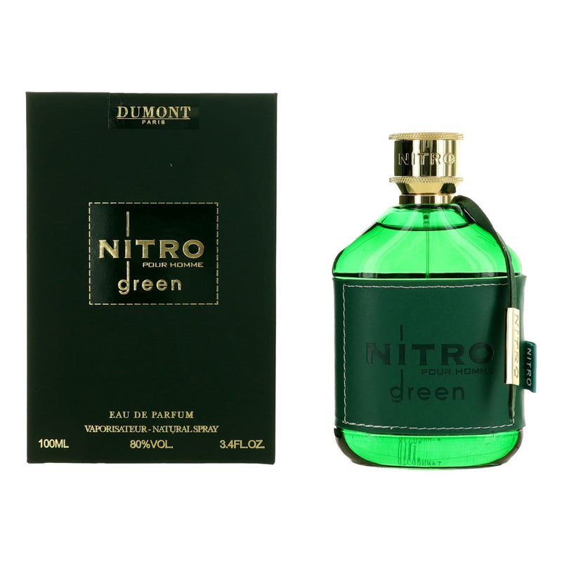 Dumont Nitro Green men's 3.4 oz EDP spray bottle with sleek packaging and green accents, showcasing a fresh, modern fragrance.