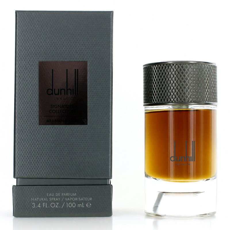Alfred Dunhill Arabian Desert 3.4 oz men's EDP spray bottle with sleek packaging and branding visible.