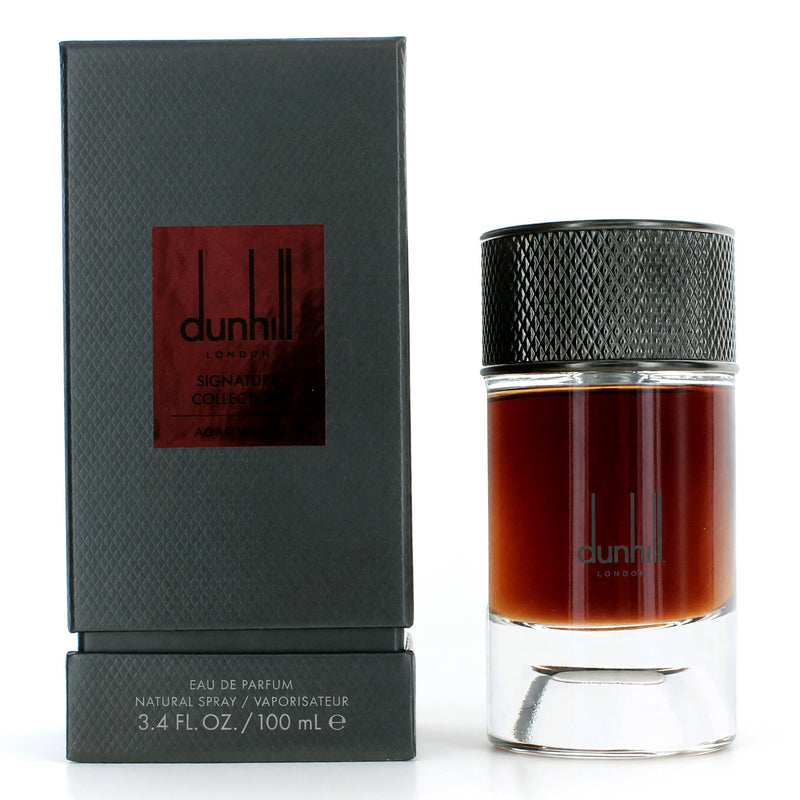 Alfred Dunhill Agar Wood 3.4 oz men's EDP spray bottle, featuring sleek packaging and dark wood accents.