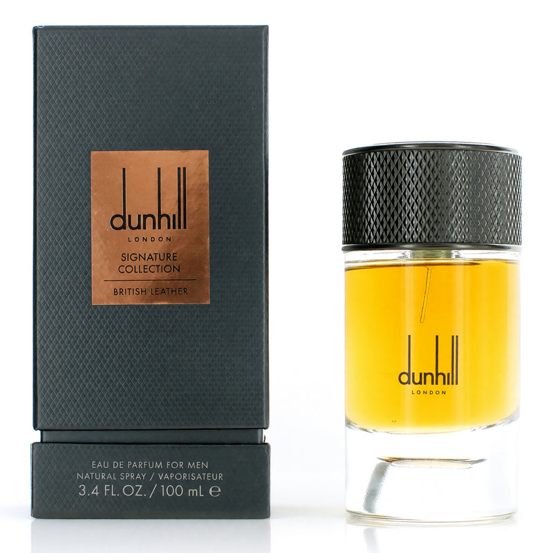 Alfred Dunhill British Leather 3.4 oz men's EDP spray bottle with sleek packaging and leather accents.