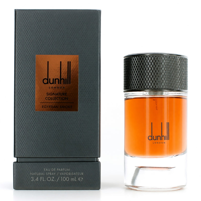 Alfred Dunhill Egyptian Smoke 3.4 oz men's EDP spray bottle with elegant packaging and branding visible.