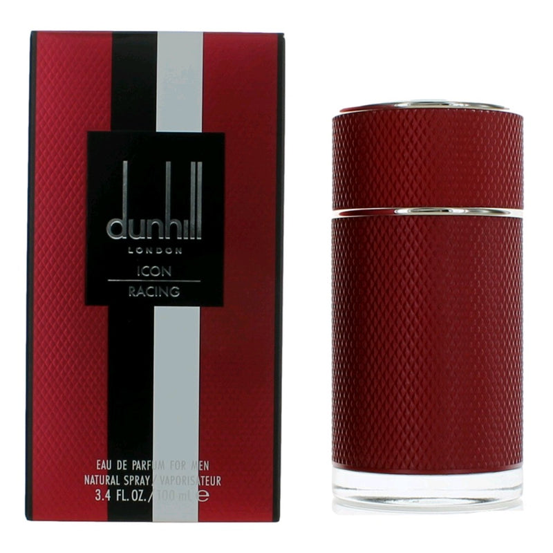 Alfred Dunhill Icon Racing Red 3.4 oz men's EDP spray bottle with a sleek red and black design.