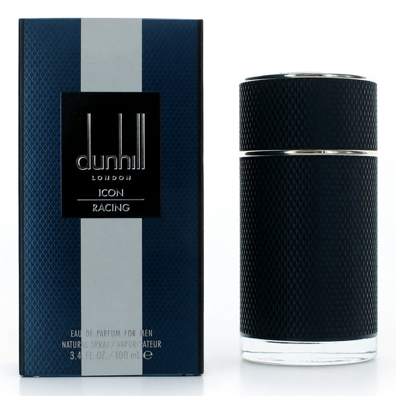 Alfred Dunhill Icon Racing Blue 3.4 oz men's Eau de Parfum spray, featuring sleek bottle design and blue accents.