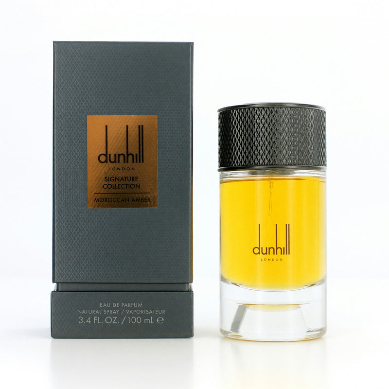 Alfred Dunhill Moroccan Amber 3.4 oz men's EDP spray bottle with amber-colored liquid, sleek packaging design.