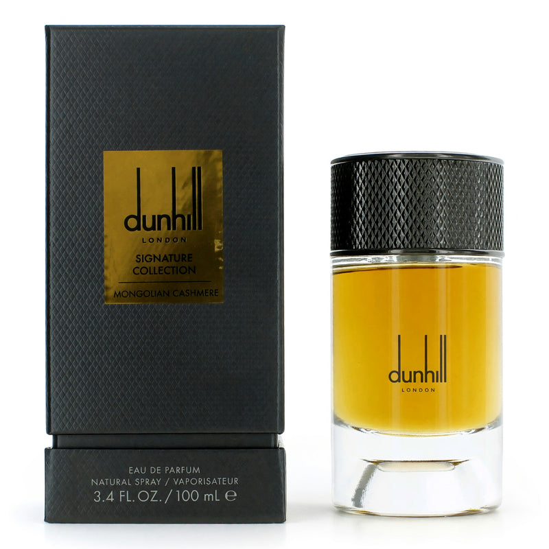 Alfred Dunhill Mongolian Cashmere 3.4 oz men's EDP spray bottle, sleek packaging for luxurious fragrance.