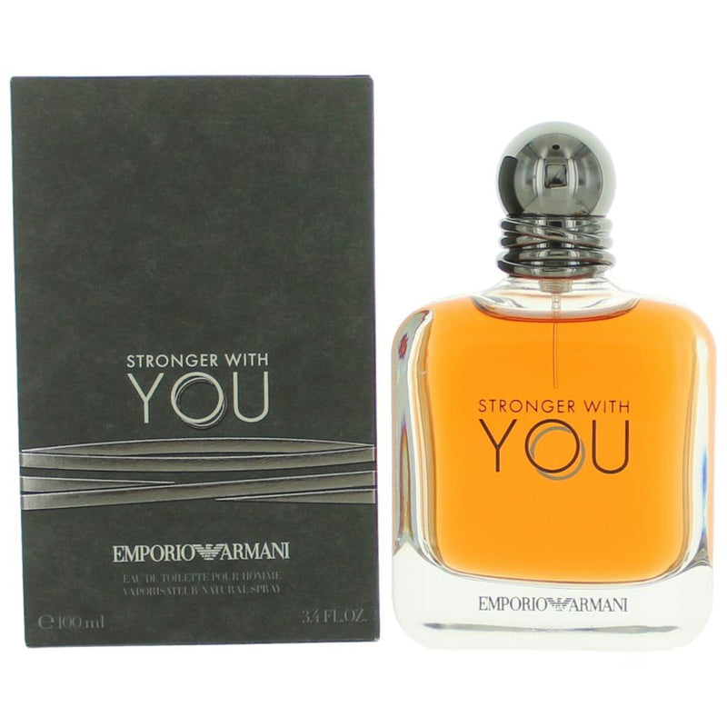 Emporio Armani Stronger With You 3.4 oz men's EDT spray bottle with sleek packaging.