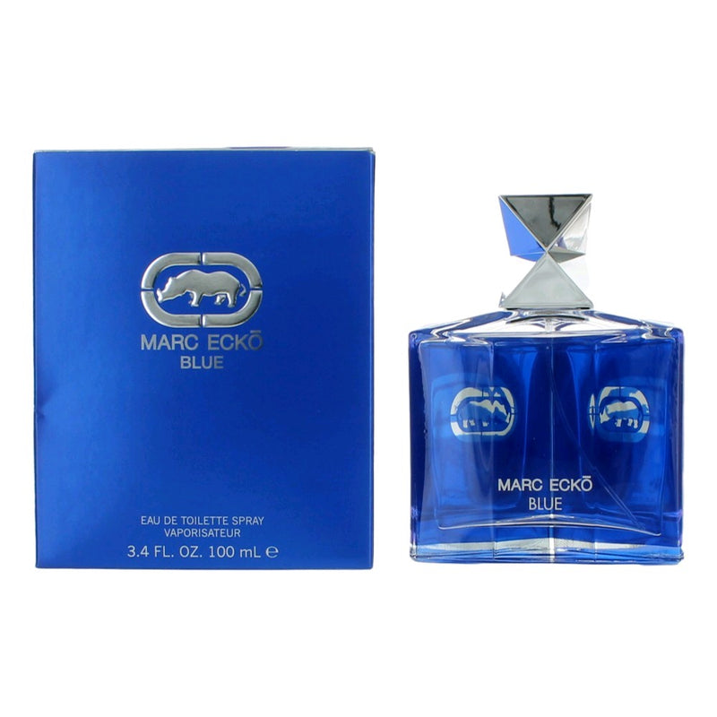 Marc Ecko Ecko Blue 3.4 oz men's EDT spray bottle, featuring the distinctive packaging and branding.