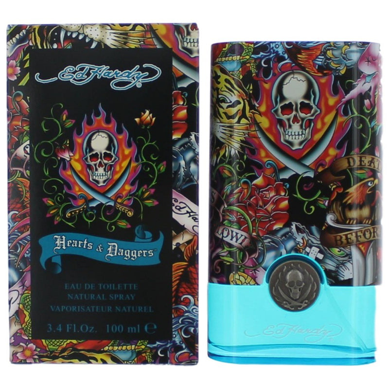 Christian Audigier Ed Hardy Hearts & Daggers 3.4oz men's EDT spray bottle with colorful heart and dagger design.