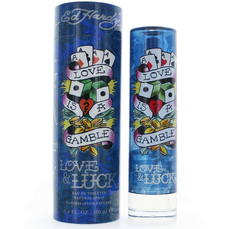 Christian Audigier Ed Hardy Love & Luck 3.4 oz men's EDT spray bottle with colorful design and branding.