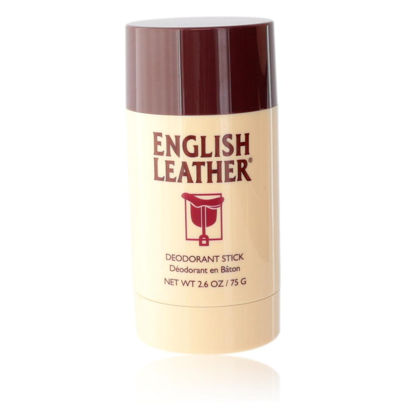Dana English Leather 2.6 oz men's deodorant stick, physical product with sleek packaging and classic branding.