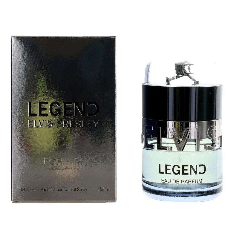 Elvis Presley Legend For Him 3.4 oz men's EDP spray bottle with gold accents and a sleek design.