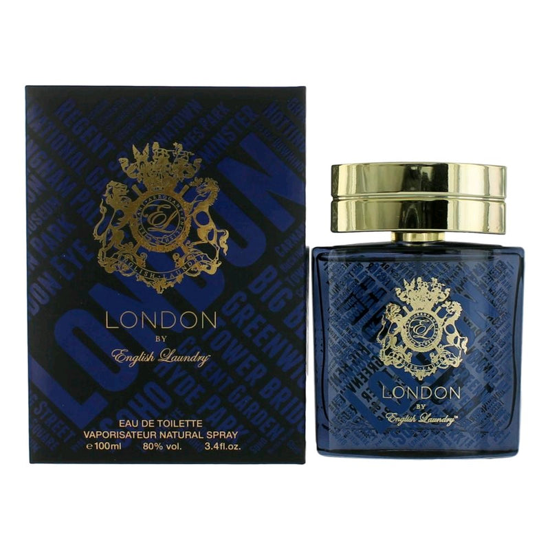 English Laundry London men's 3.4 oz EDT spray bottle, sleek packaging and classic design for a sophisticated fragrance.