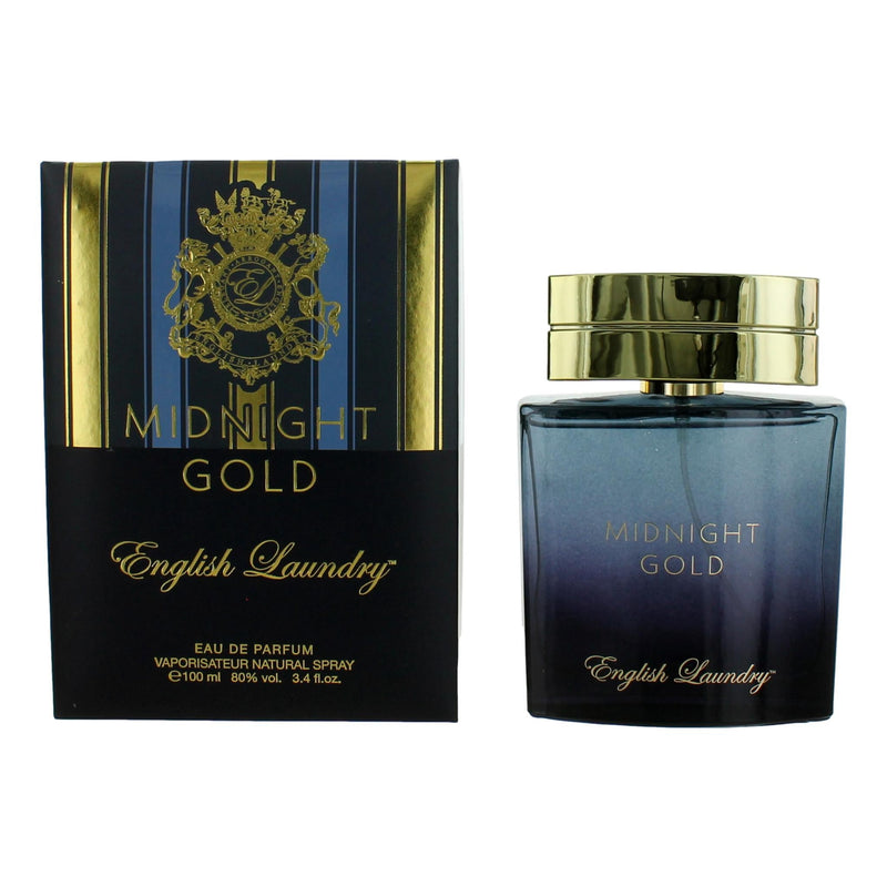 English Laundry Midnight Gold men's 3.4 oz EDP spray bottle with sleek packaging and elegant design.