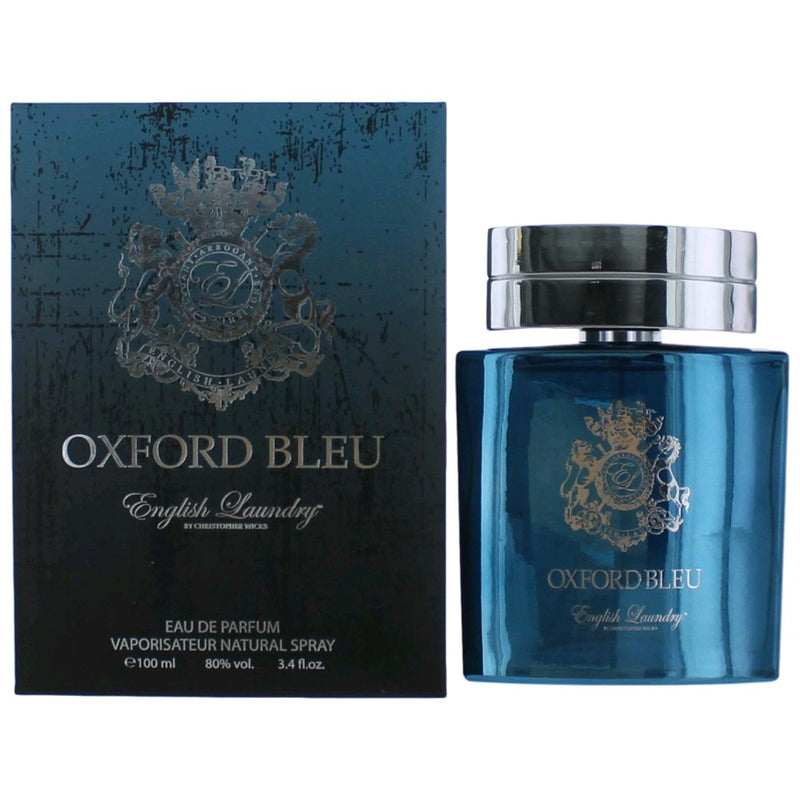 English Laundry Oxford Bleu men's 3.4 oz EDP spray bottle, featuring sleek packaging and label design.