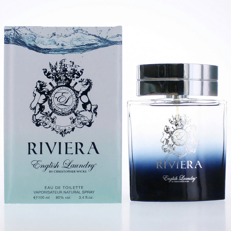 English Laundry Riviera men’s 3.4 oz EDT spray bottle with sleek packaging and clear label.