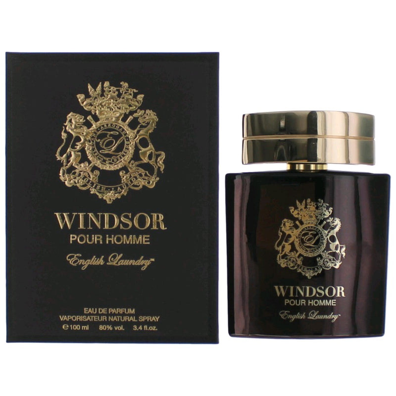 English Laundry Windsor men's 3.4 oz Eau de Parfum spray bottle, elegant packaging, showcasing the fragrance for men.