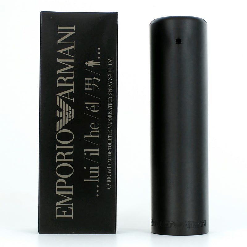 Emporio Armani He 3.4 oz men's EDT spray bottle with sleek design, showcasing the Emporio Armani branding.