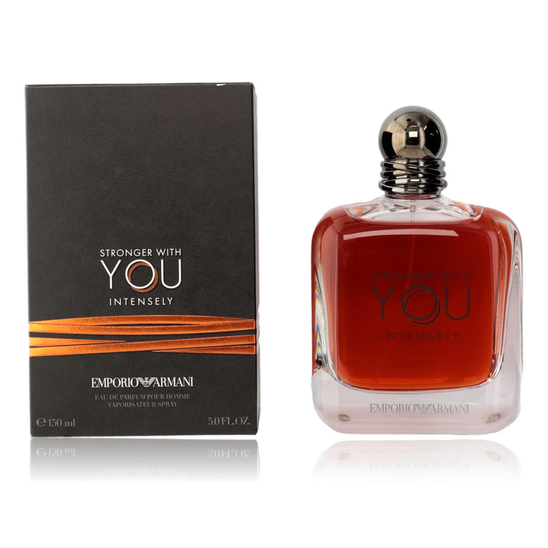 Emporio Armani Stronger With You Intensely 5oz men's EDP spray bottle, sleek design and branding visible.