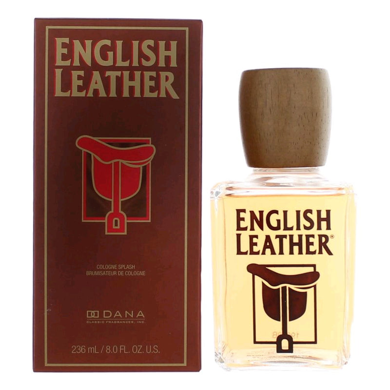 English Leather by Dana 8 oz men's cologne splash bottle, featuring classic leather-inspired scent in a clear glass container.