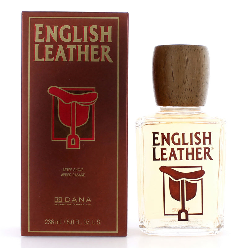 Dana English Leather 8 oz after shave splash for men, showing the bottle and label with classic packaging design.