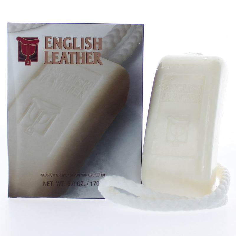 Dana English Leather 6 oz soap on a rope, featuring a classic leather scent with a comfortable hanging rope for easy use.