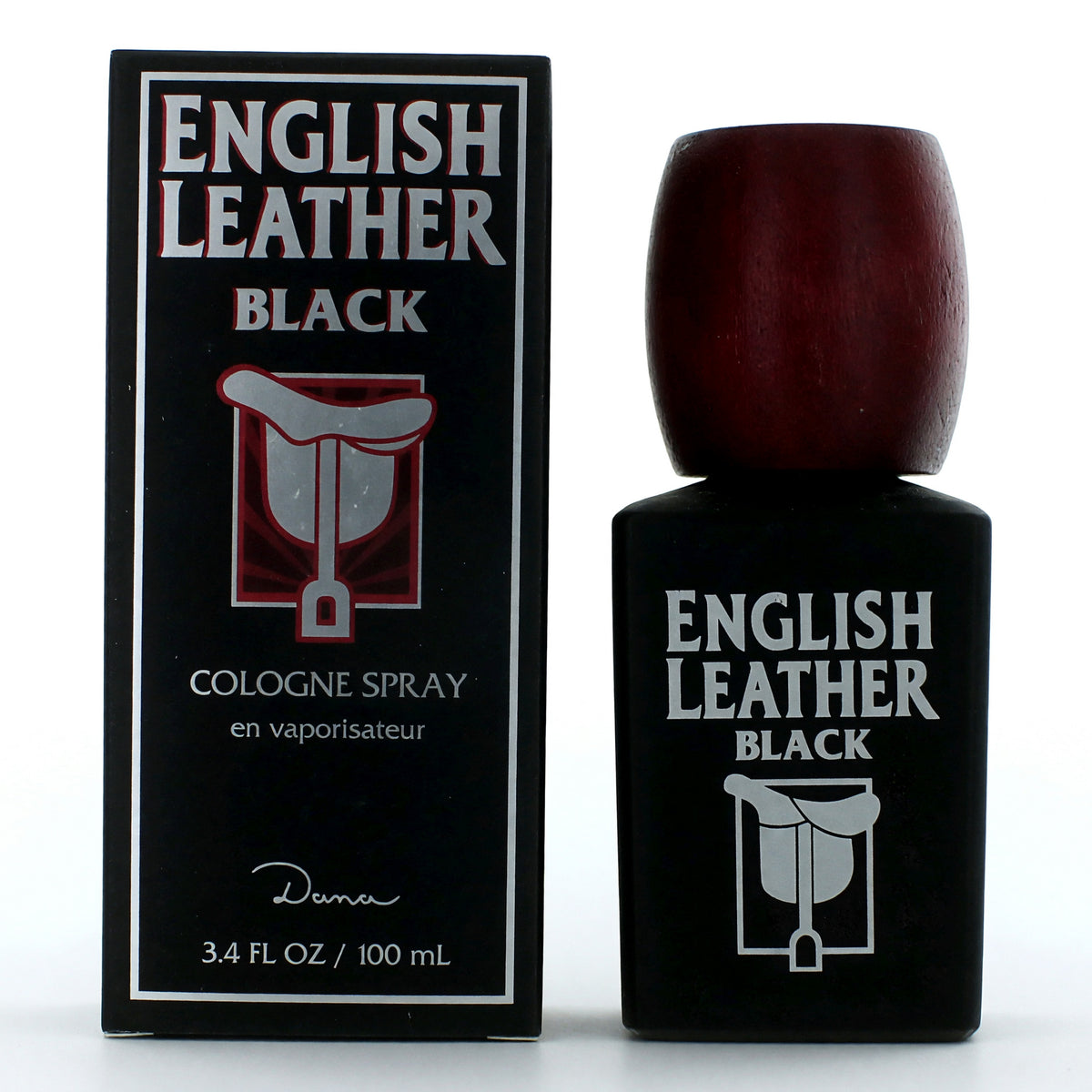 Black English Leather cologne spray by Dana, 3.4 oz, featuring a sleek bottle and classic design for men's fragrance.