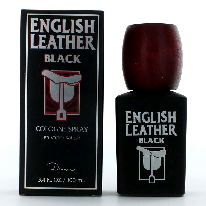 Black English Leather cologne spray by Dana, 3.4 oz, featuring a sleek bottle and classic design for men's fragrance.