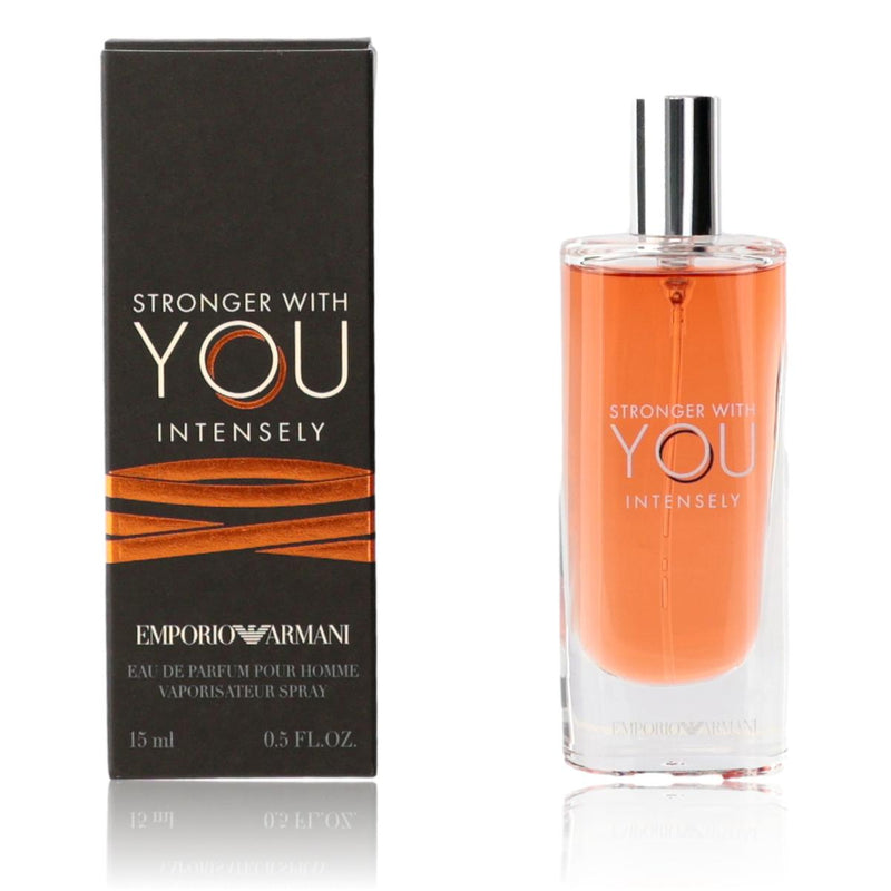 Emporio Armani Stronger With You Intensely 0.5oz men's EDP spray bottle with sleek packaging.