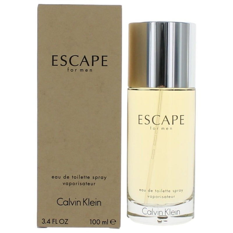 Calvin Klein Escape 3.4 oz men's EDT spray bottle with sleek design and branding visible in the image.