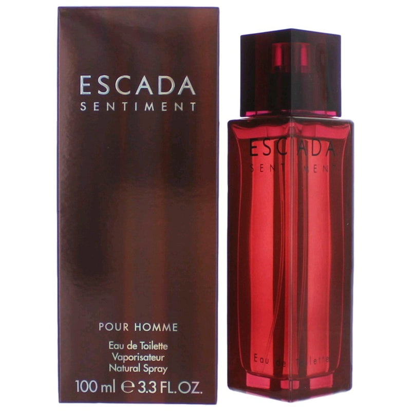 Escada Sentiment men's 3.4 oz EDT spray bottle with sleek design, showcasing the fragrance for men by Escada.