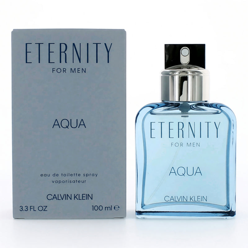 Calvin Klein Eternity Aqua 3.4 oz men's EDT spray bottle with sleek, blue packaging and silver cap.