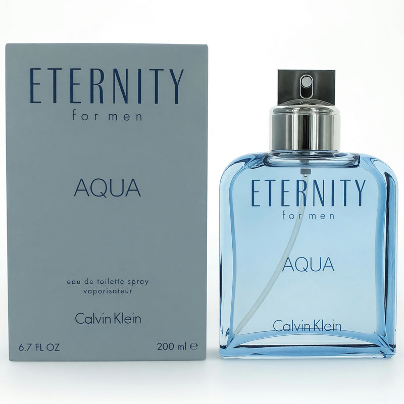 Calvin Klein Eternity Aqua men's 6.7 oz EDT spray bottle with sleek packaging and transparent cap.