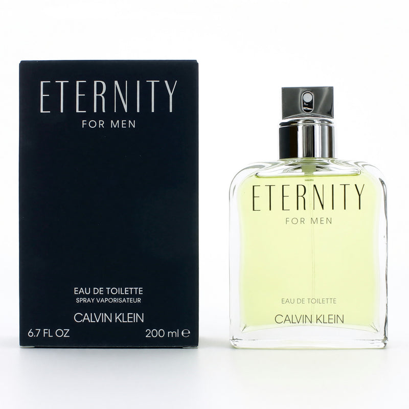 Calvin Klein Eternity men's 6.7 oz EDT spray bottle, sleek design with clear glass and silver cap, ready for use