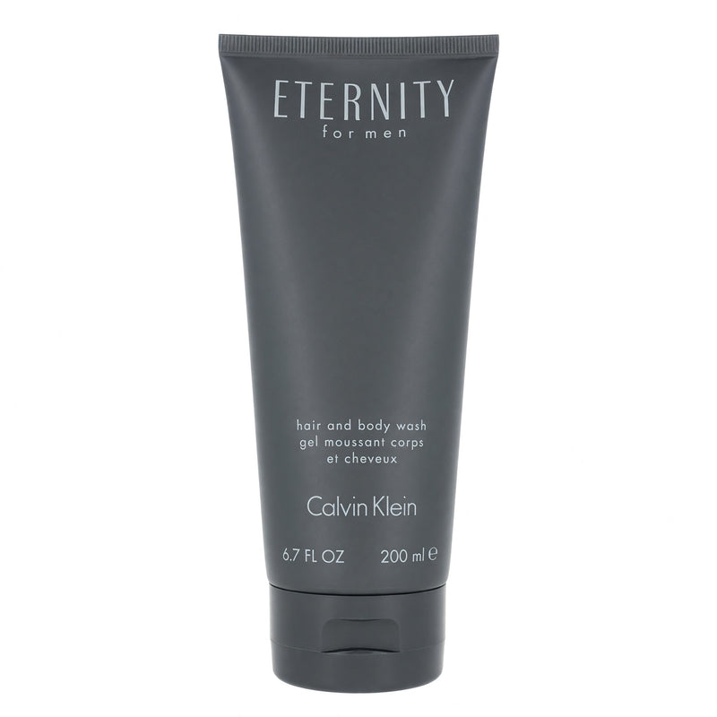 Calvin Klein Eternity 6.7 oz Hair and Body Wash for Men, bottle with label, in a bathroom setting.