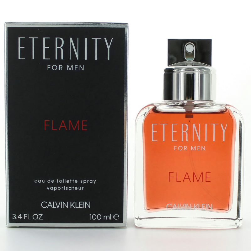 Calvin Klein Eternity Flame 3.4 oz men's EDT spray bottle with sleek design and clear label.