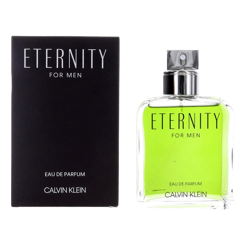 Calvin Klein Eternity men's 6.7 oz EDP spray bottle, sleek packaging, ready for use